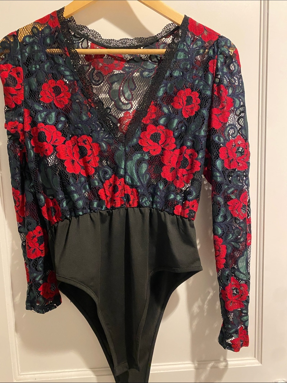 SHEIN Black Lace Bodysuit with Red Floral Embroidery